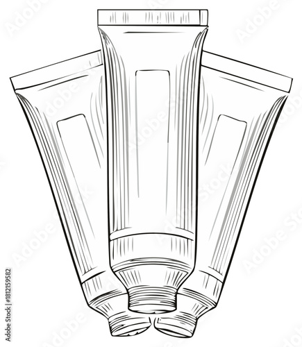 Line art illustration of three blank cosmetic cream tubes. Vector drawing for beauty product packaging mockup.