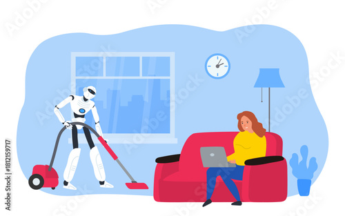 robot housekeeper with vacuum cleaner and woman with laptop on the sofa at home vector illustration 