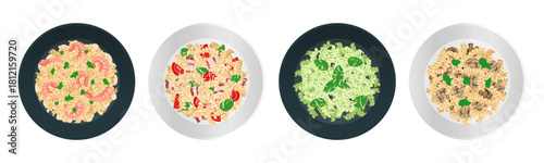 fusilli pasta in plate set with pesto sauce basil mushrooms shrimps tomatoes bacon parmesan top view vector illustration 