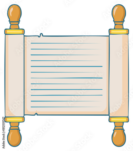 Cartoon drawing of an ancient scroll with wooden handles and blue lines