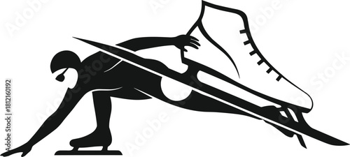 Speed skating illustration, dynamic athlete pose, ice sport motion, helmeted skater, skate blade graphic, winter competition, streamlined movement, artistic design