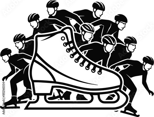 Speed skating illustration, ice sport athletes, dynamic motion, helmeted skaters, skating equipment, large ice skate, winter competition, athletic movement, graphic design