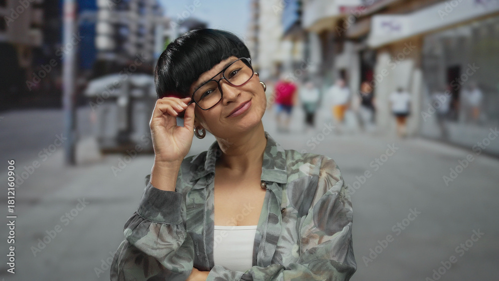 Fototapeta premium Young woman smiling confidently on urban street in vibrant city setting during daytime, expressing positivity and style with glasses and casual outfit.