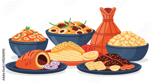 Delicious and Diverse Mexican Food Still Life: Enchiladas, Tamales, Mole, Pozole, and Atole Illustration for Culinary Art and Recipe Inspiration