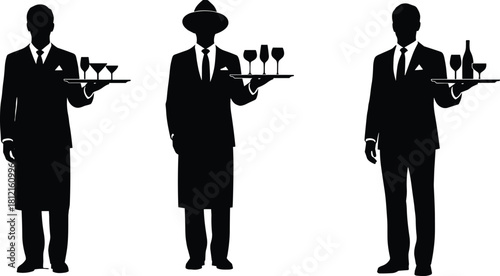 Waiter silhouettes, tray service, drinkware variety, hospitality staff, formal attire, black vector, restaurant theme, graphic art, beverage serving, elegant pose