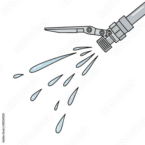 Garden hose nozzle spraying clear water droplets.