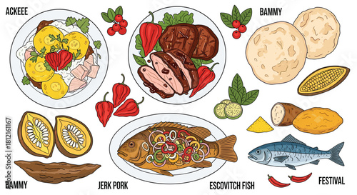 A vibrant illustration of Jamaican cuisine showcasing Ackee and Saltfish, Jerk Pork, Escovitch Fish, Bammy, and Festival, representing the rich flavors of Jamaica.