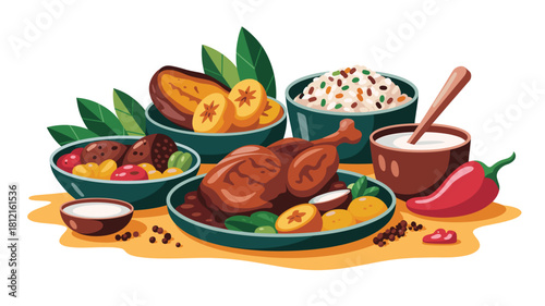 Illustration of Dominican Republic's Traditional Cuisine: La Bandera Dominicana with Chicken, Plantains, Rice, Beans and Salad on a Table Ready to Eat