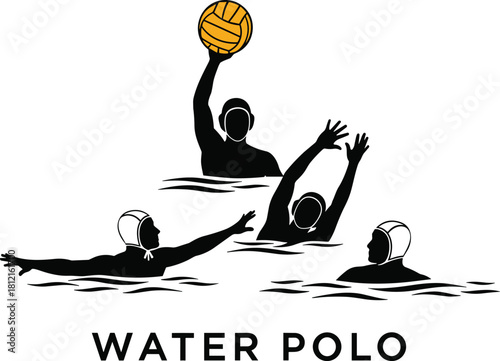 Water polo players, ball action, competitive sport, athlete silhouettes, aquatic game, vector illustration, dynamic pose, black graphic, team play, splash motion