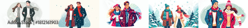 vector of half body couple walking together on a snowy road
