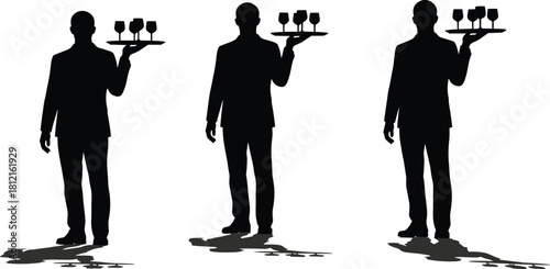Waiter silhouette, tray service, wine glasses, hospitality staff, black vector, shadow study, formal attire, restaurant theme, graphic art, posture variation