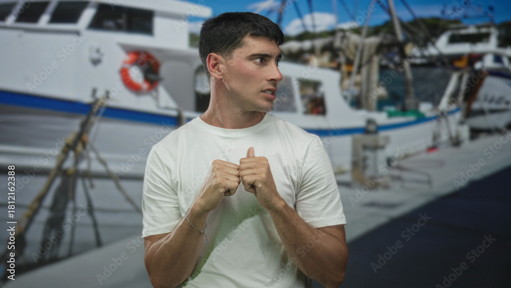 Fototapeta premium Man with tense expression holds fists near chest beside white boat on street; anxiety readiness tension worry.