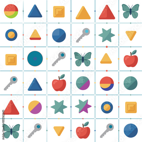 Colorful vector pattern featuring various geometric shapes and simplified objects arranged in a repeating grid