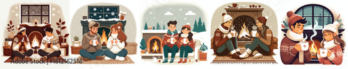 couples warm together by the fire and warm drinks