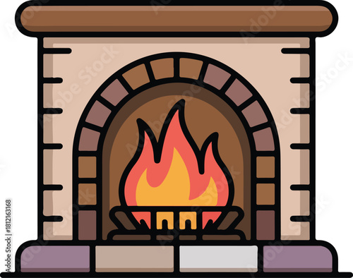Cozy fireplace vector illustration featuring a burning fire within a stone hearth, evoking warmth and home