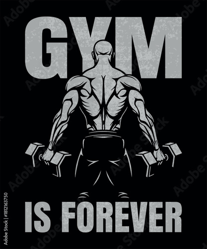 Motivational fitness gym artwork featuring muscular athlete with dumbbells t-shirt design vector illustration