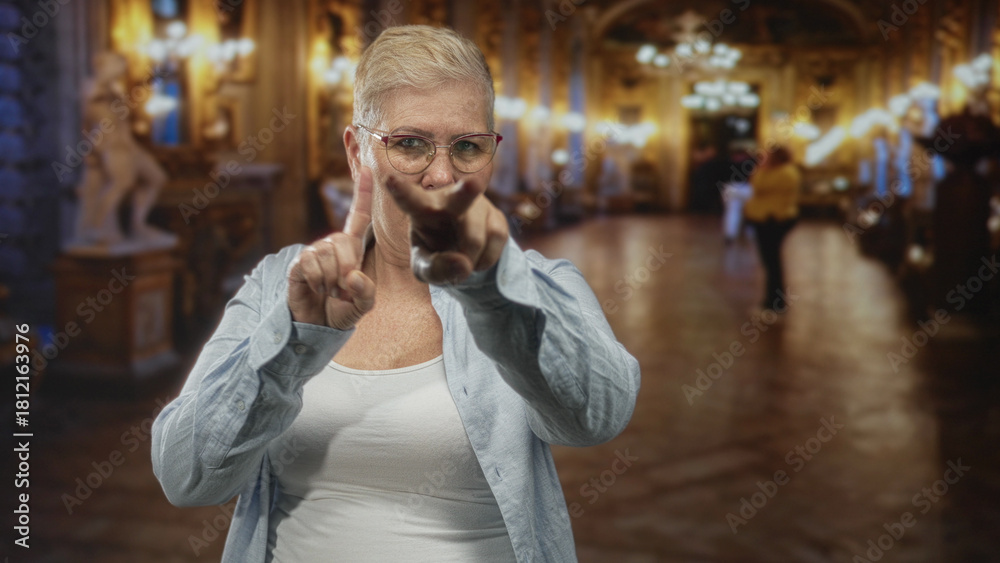 Fototapeta premium Woman adjusts glasses with finger near nose in ornate museum building among sculptures and chandeliers; confidence quiet reflection.
