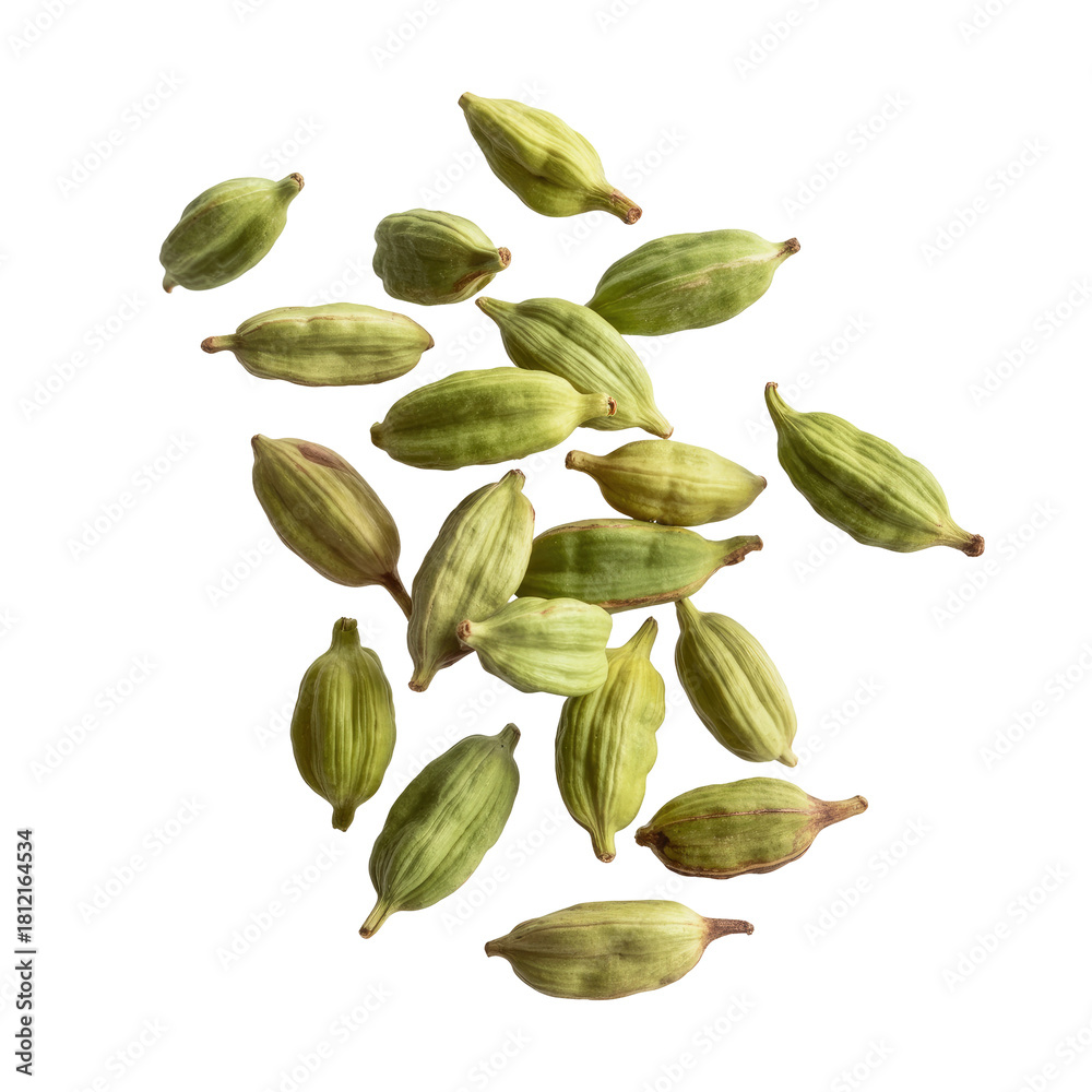 Fototapeta premium Falling green cardamom pods isolated on transparent white background