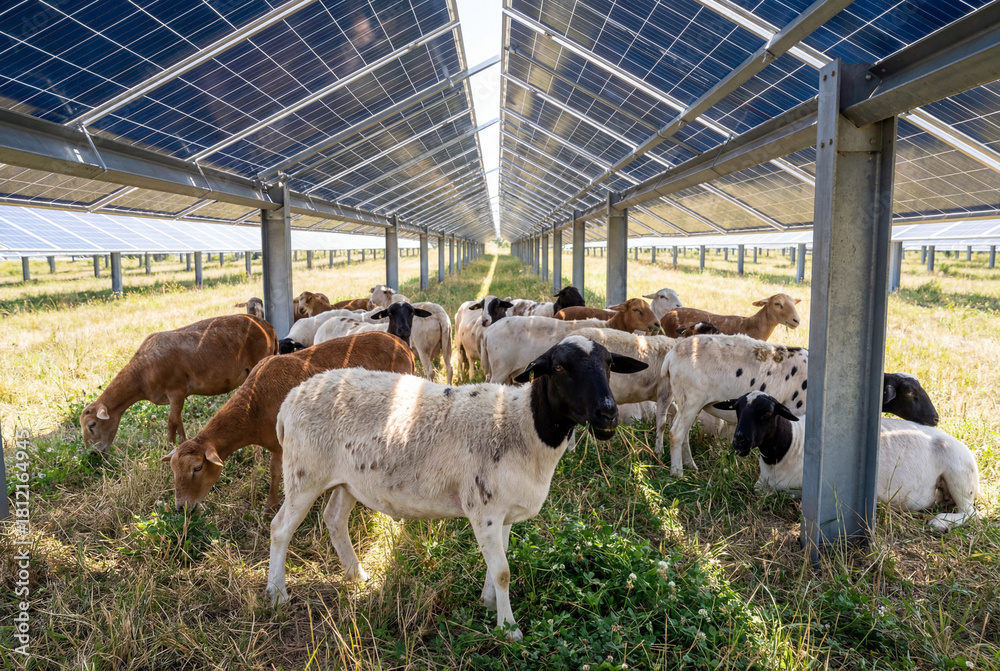 Obraz premium A flock of sheep grazing in a lush green pasture beneath an array of solar panels, showcasing sustainable agrivoltaics and renewable energy