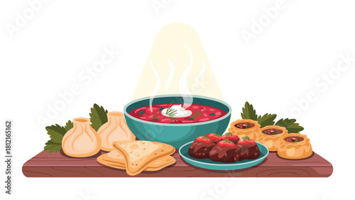 Delicious assortment of Eastern European foods including borscht, khinkali, chebureki, meatballs, and manti, presented on a wooden surface and garnished with parsley.