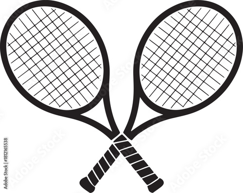 Two crossed black tennis rackets sport equipment