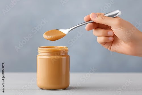 Hand holding a spoon with peanut butter above a glass jar on a light surface, showcasing the creamy texture and deliciousness of this popular spread for culinary use