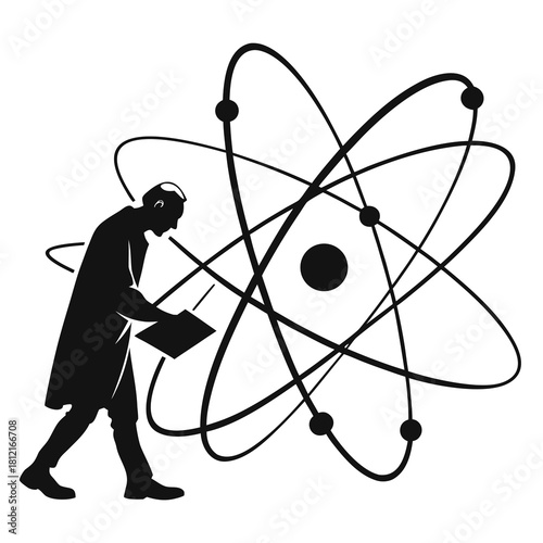 Science Silhouette: A silhouette of a scientist diligently studying a complex atomic structure, embodying the spirit of scientific exploration and discovery.
