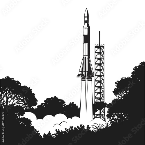 Space Launch Silhouette: A powerful rocket streaks skyward from its launchpad, silhouetted against a bright background, with plumes of fire and smoke as it leaves the world.