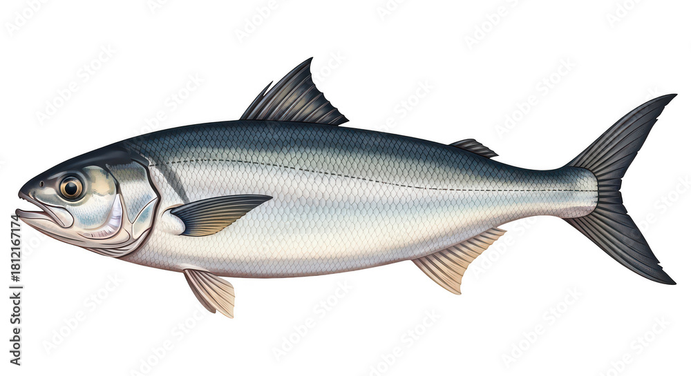 Obraz premium Bluefish illustration on white background, saltwater game fish with silver scales and sharp fins, marine predator species for fishing guides, detailed sea fish drawing for seafood packaging.