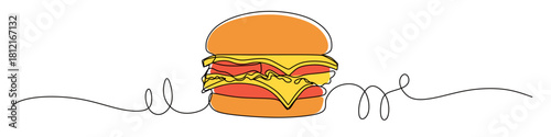 Continuous line art of a single portion of a delicious and tempting burger. This image is for a restaurant banner. Vector illustration with attractive colors.