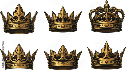 Vintage Golden Lion King Crowns – Premium Vector Set (6 Icons)