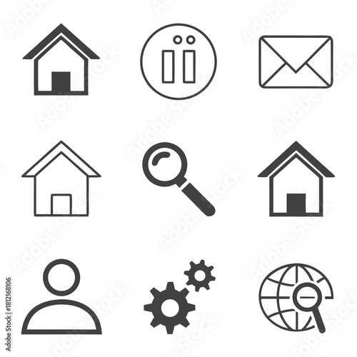 Icon Set: A collection of minimalist, monochrome icons representing fundamental digital and online interface components, designed for web and software applications.