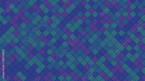 Geometric pattern of interlocking diamonds in shades of blue and purple creates a vibrant, abstract background.