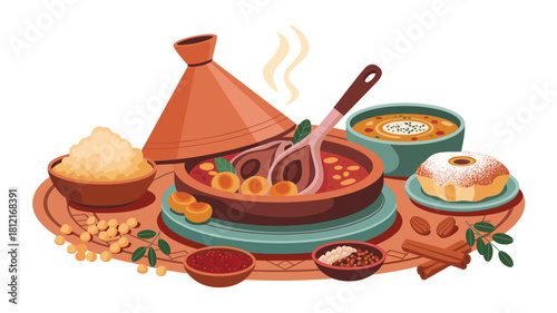 Delicious Moroccan Cuisine Still Life: Tagine, Couscous, Soup, and Pastry, Illustrated Traditional Dishes, Culinary Art, Food Illustration, Vector Art