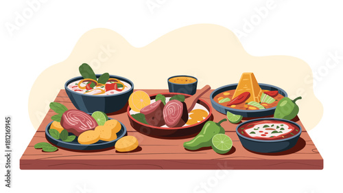 Authentic Latin American Cuisine Illustration: Vibrant Dishes on Wooden Table, Showcasing Rich Flavors and Culinary Traditions, Perfect for Food Blogs and Restaurant Marketing.