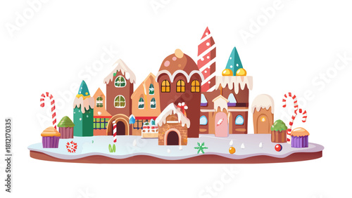 A gingerbread city with candy roads, cookie buildings, and sugar snow
