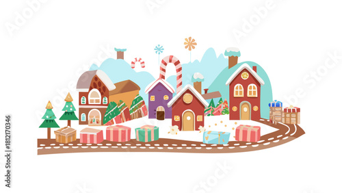 A gingerbread city with candy roads, cookie buildings, and sugar snow