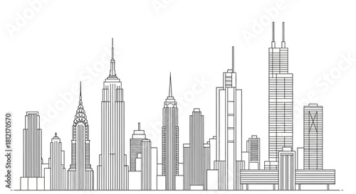 New York and Chicago skyline outline