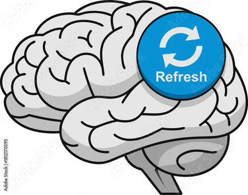An image of a brain with a "Refresh" button. The concept of the "eternal student" and the "race for retraining", symbolizing the constant updating of knowledge and the need to reboot the mind.