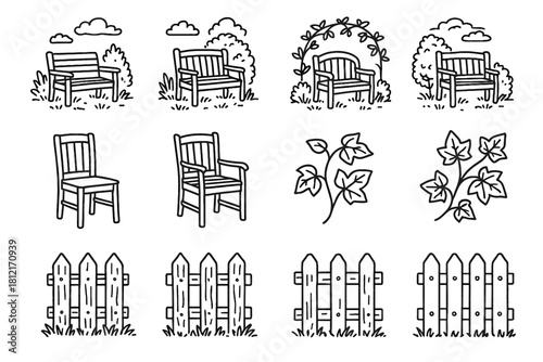 Plant ivy icon chair scene wooden rustic fence set vector garden