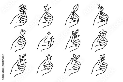 Icon vector icons gesture hand like hands holding leaves small flowers stars