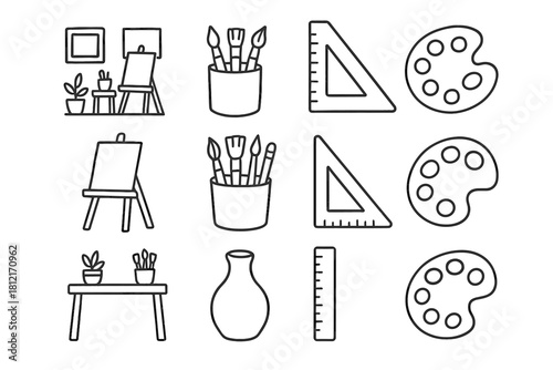 Brush collection studio layout minimal palette vector home ruler pot atelier icon