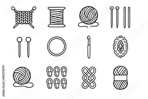 Knitting icons lace collection line thread skein needlework vector tools arrangement wool
