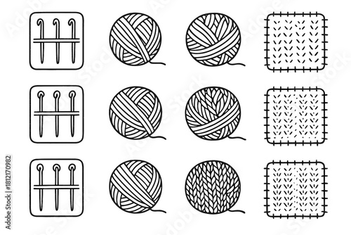 Icons pencil patch sketch needle tools ball icon thread fabric knitting organizer