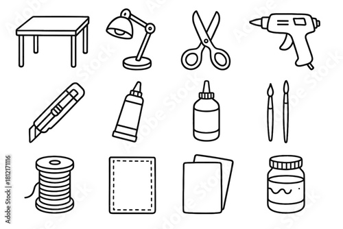 Workshop icons jar craft icon vector paint collection glue scissors desk essentials