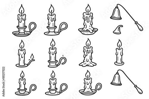 Icons dripping holder vintage vector set sketch candle snuffer wax icon