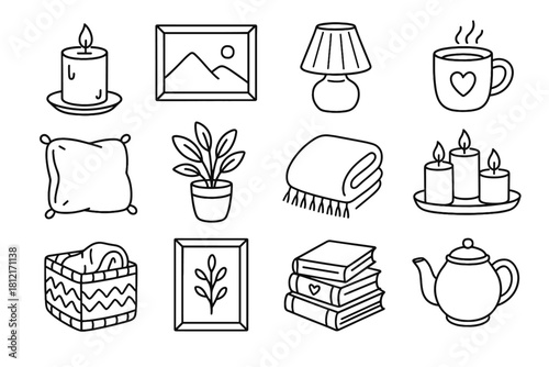 Cozy icons books framed interior art vector details doodle pencil teapot icon