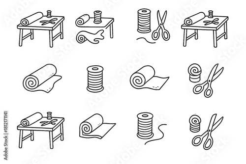 Roll craft scissors minimal desk fabric collection workshop thread icon vector icons