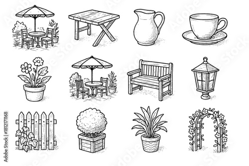 Wooden icon patio table icons cup vector pencil terrace jug outline rustic