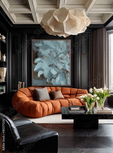 Elegant interior features a tufted orange sectional, floral art, and a cloud-like light fixture